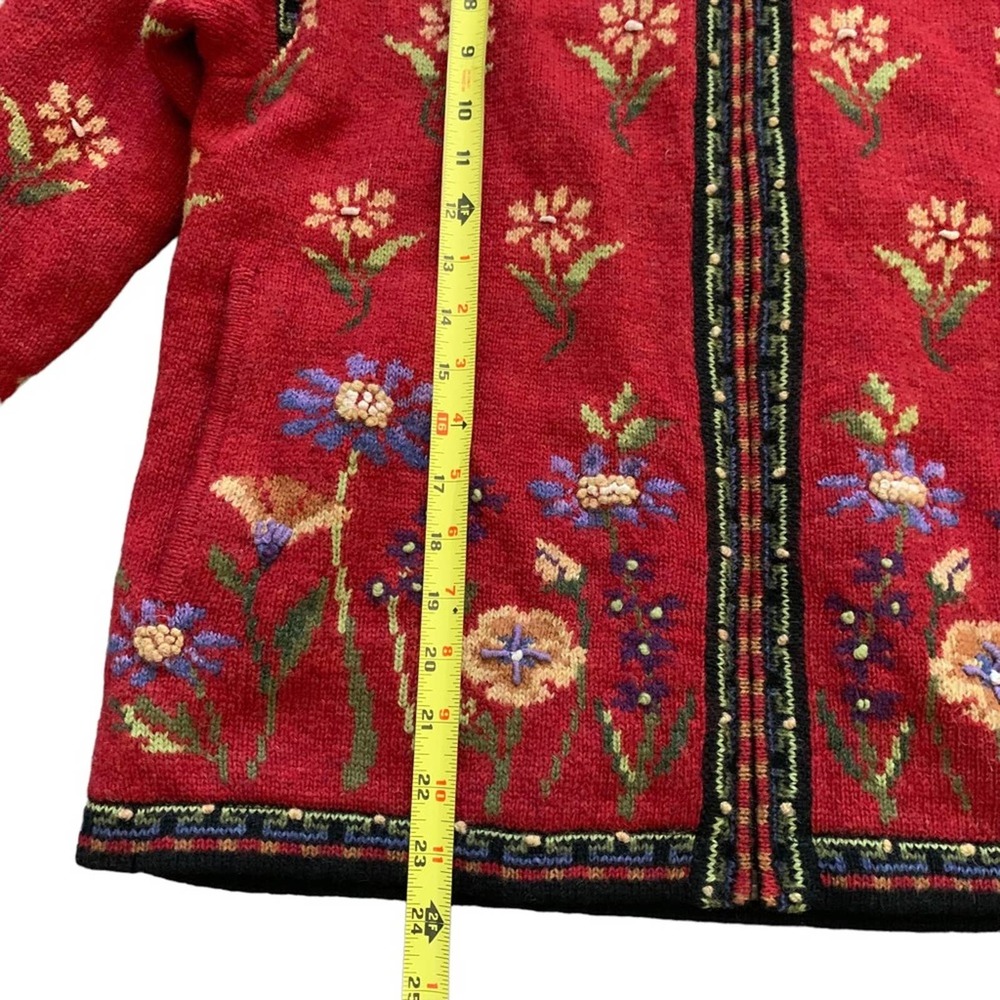Icelandic Designs Wool Floral Zip-Front Cardigan Sweater - Red - Picture 2 of 9